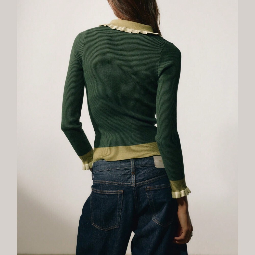 Kelley / Olive Green Ribbed Knit Colorblock Ruffle Collar Keyhole Slim Top - Picture 7 of 7